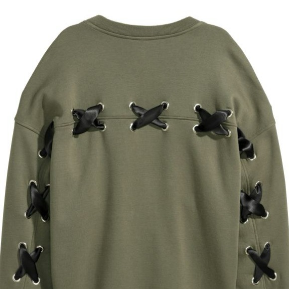 🟪H&M army green satin lace up design crewneck sweatshirt - Picture 3 of 9